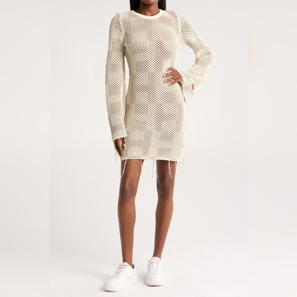 Honor The Gift Women's Long Sleeve Crochet Mini Dress in Stone & Ivory, SMALL